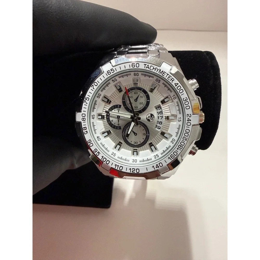 AJ Brand Silver Men's Chronograph Watch - White Dial stainless steel band